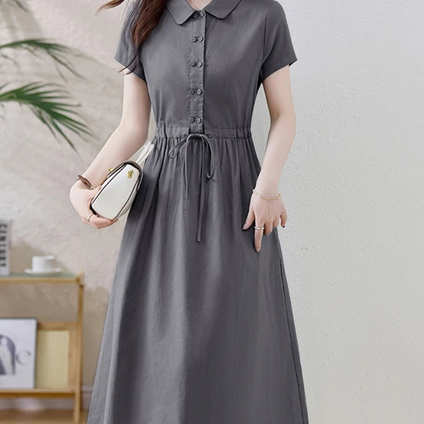 高级棉麻连衣裙女中长款2025夏季新款气质纯色显瘦裙子QXS2681
