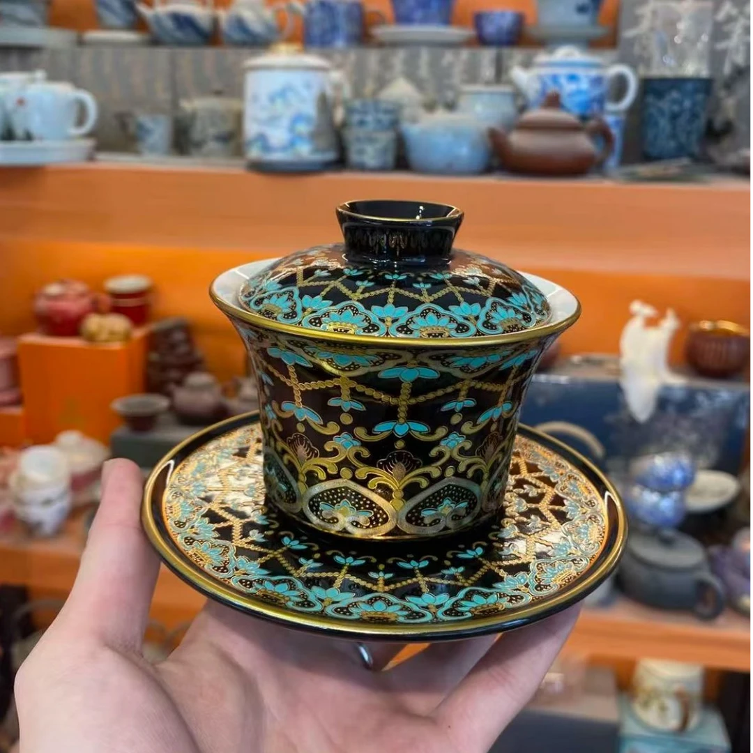 黑色金缕翠影-三才盖碗-6376