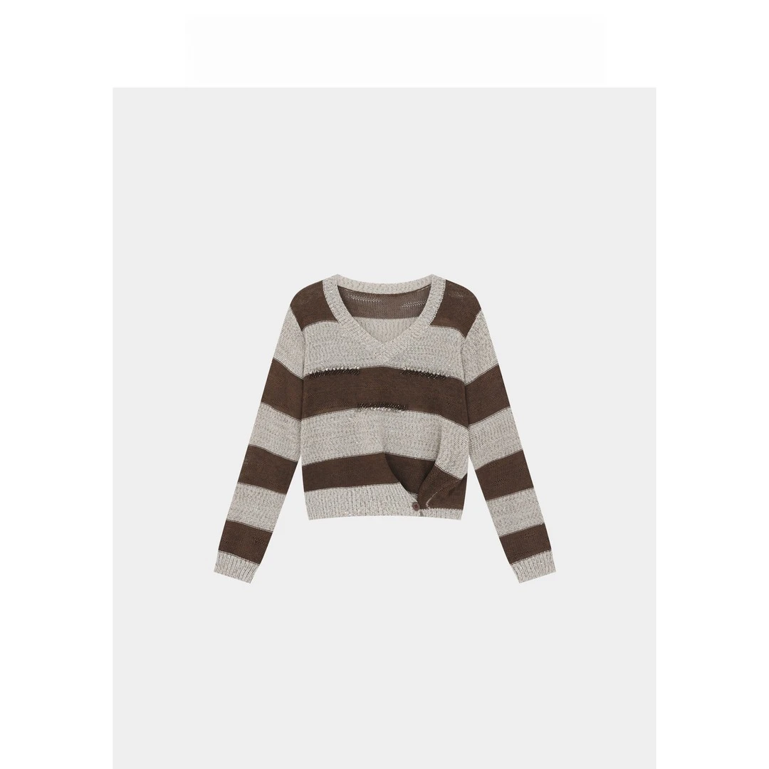 2025早秋时尚薄款串钻撞色条纹v领显瘦收腰针织衫