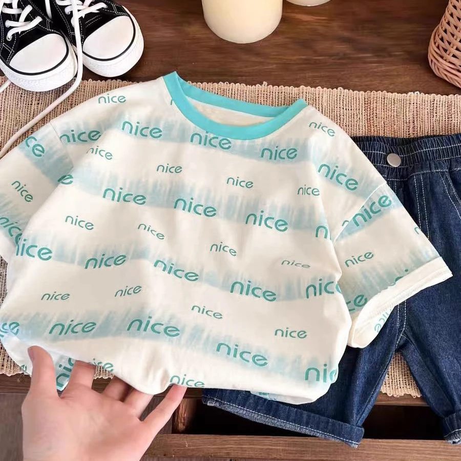 儿童纯棉短袖T恤满印字母童装2025新款男女童宝宝半袖T恤宽松洋气