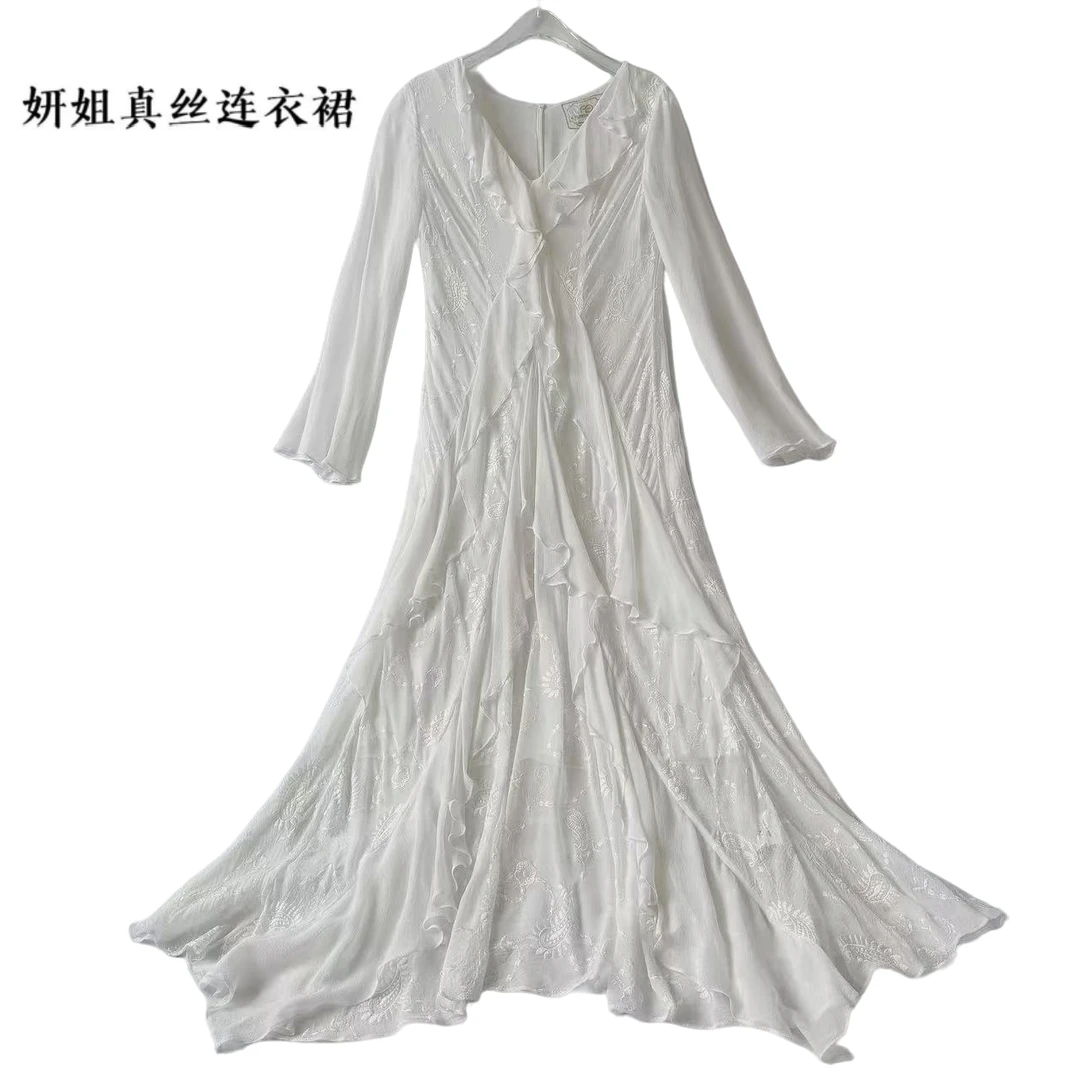 休闲连衣裙2025年夏季新款女士复古桑蚕丝长裙 白色 206004F长袖