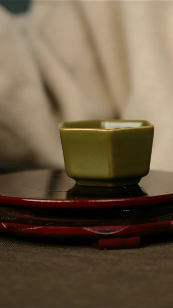 柴烧  黄金釉 六方杯 支钉烧