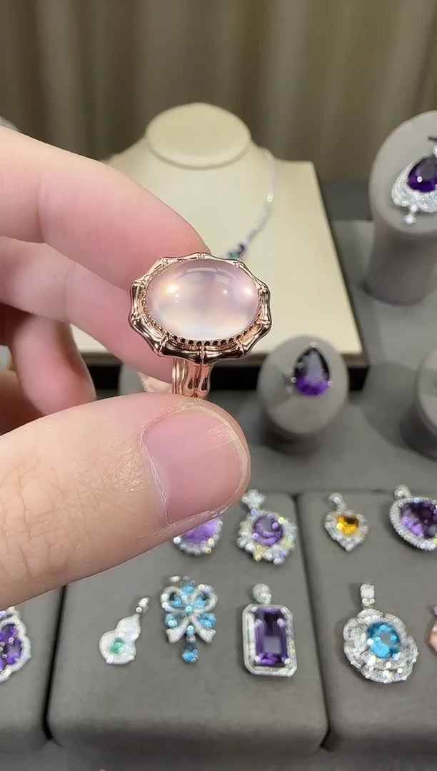 银S925镶嵌戒指芙蓉石11*13mm星光粉水晶戒指