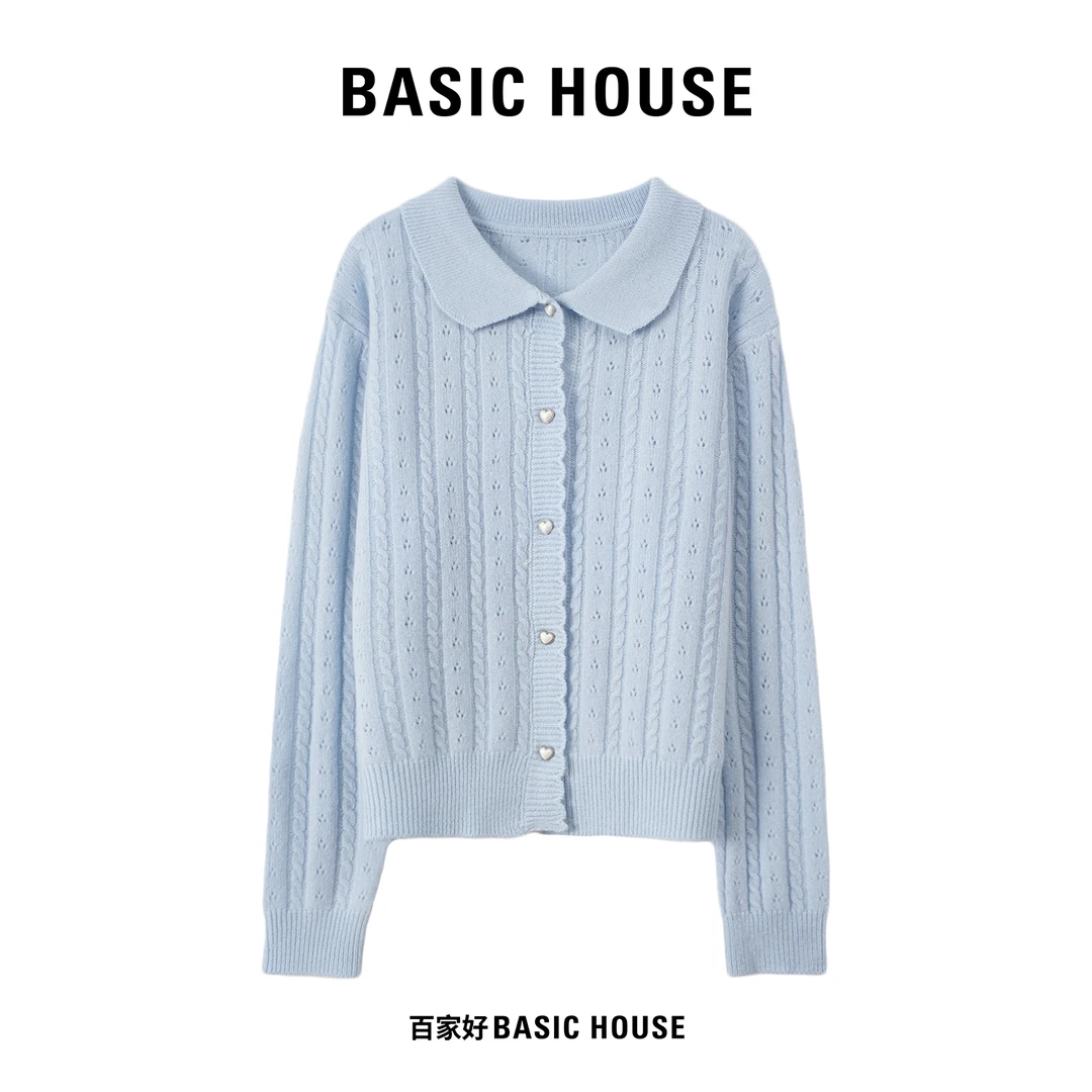 Basic House/百家好2025秋新款翻领绞花爱心扣时尚针织衫Q452 XX