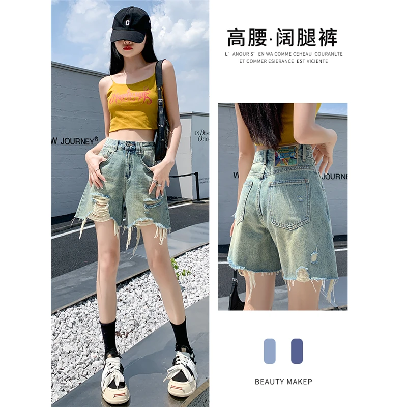 复古破洞牛仔短裤女2025夏季新款薄款a字流苏毛边阔腿五分热裤子