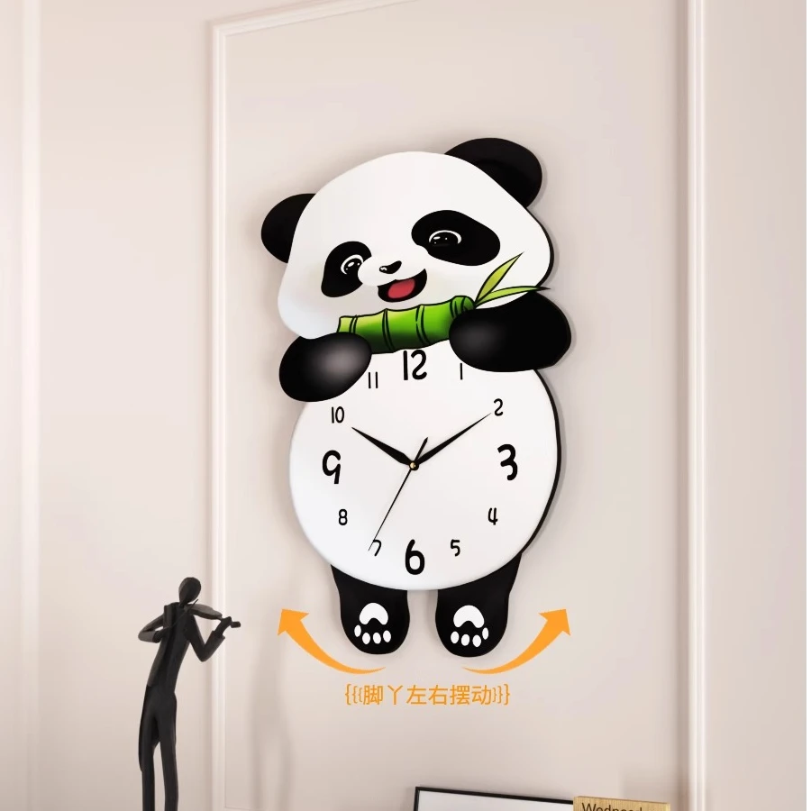 新款网红熊猫挂钟时尚创意家用石英钟挂墙上时钟挂表卧室静音钟表