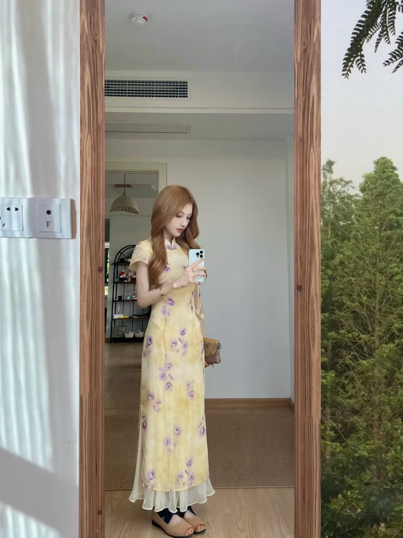 旗袍女夏季气质高级感超好看独特漂亮掐腰新中式黄色印花连衣裙子