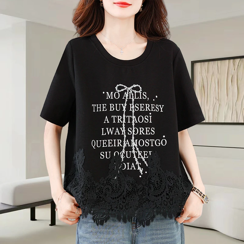 黑色字母印花t恤女士2025夏季新款时尚宽松显瘦蕾丝拼接短袖上衣