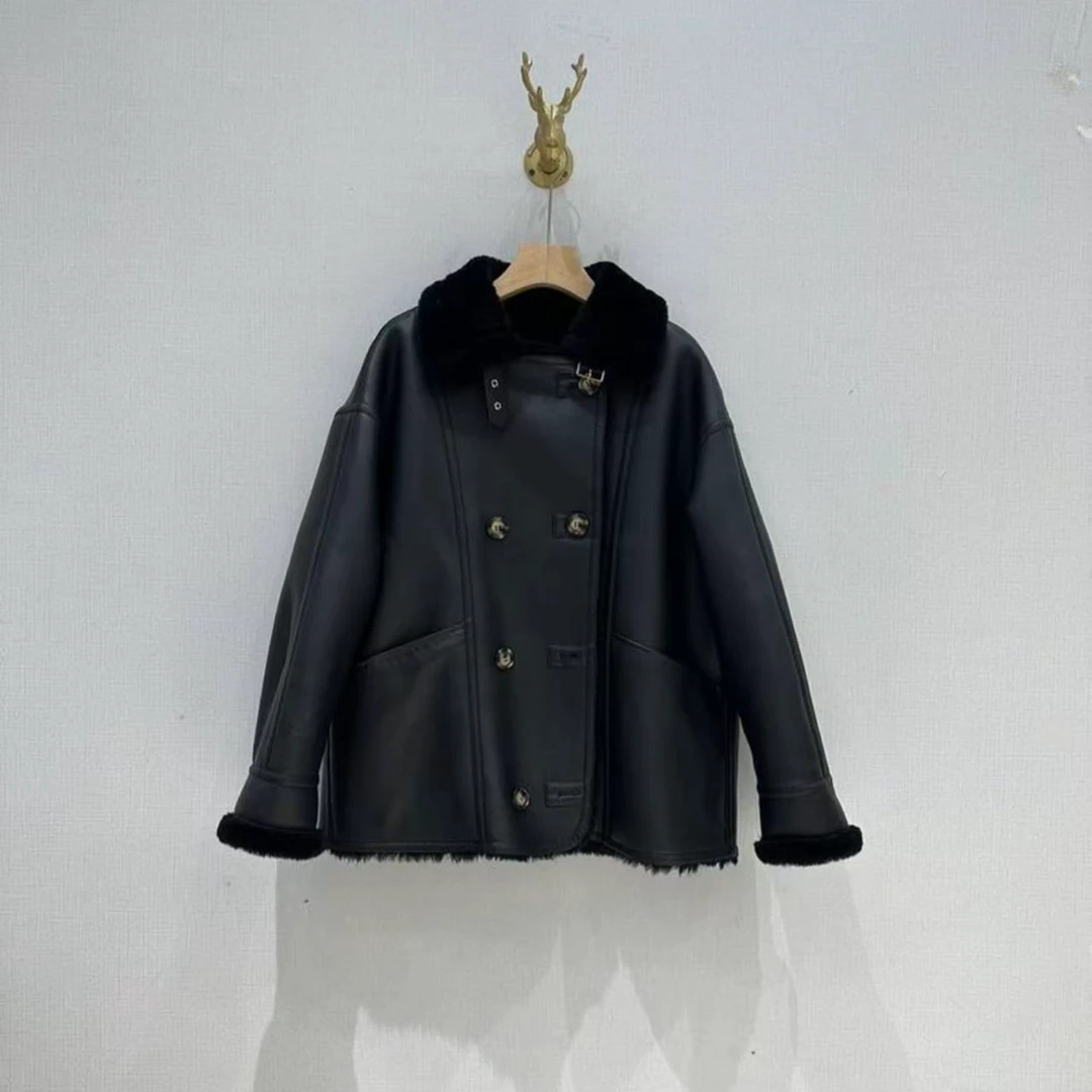 韩版高级感百搭设计师气质羊皮翻领短外套时尚两面穿1183