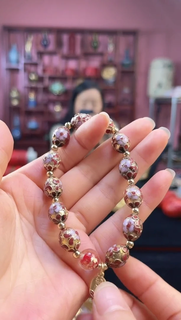 非遗技艺景泰蓝金地手串 砖红色