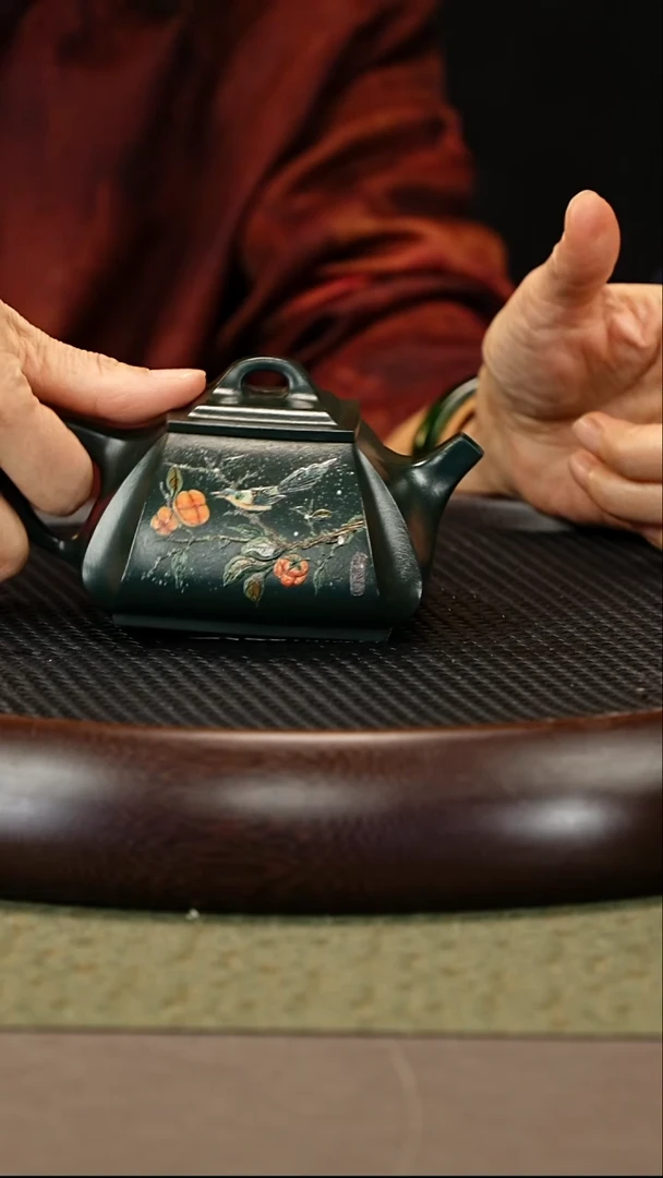 茶壶紫砂56 绿泥柴烧 四方石瓢