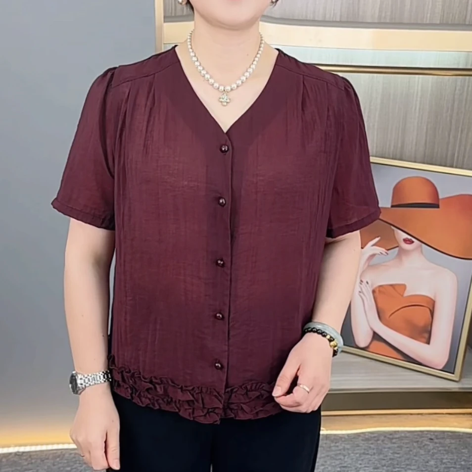 夏季新款时尚V领纯色开衫气质妈妈装宽松休闲百搭薄款短袖上衣859