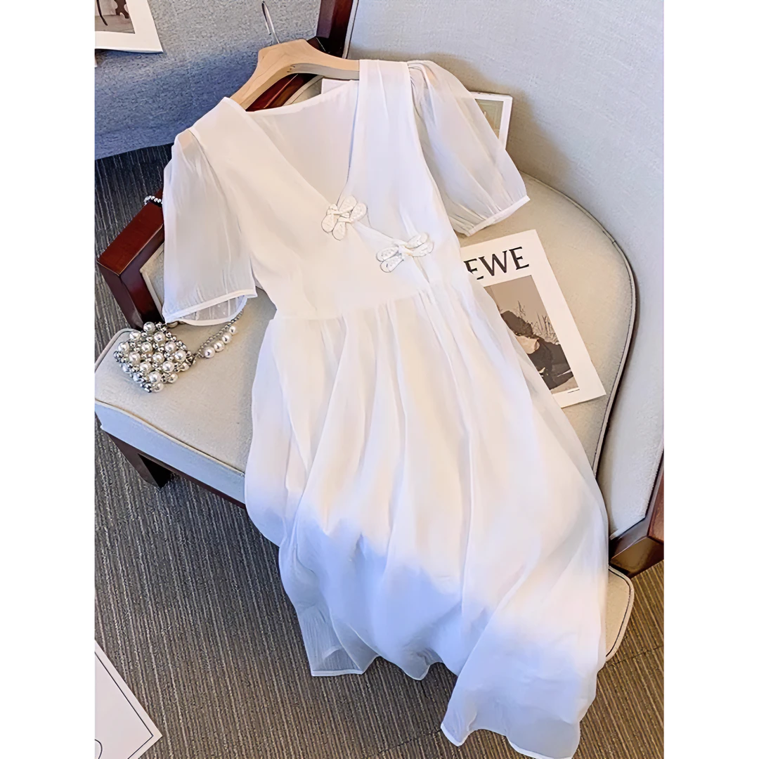 5260新中式白色盘扣V领连衣裙夏季胖mm气质国风仙女旗袍雪纺裙子