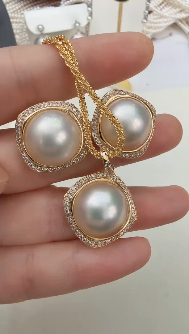 耳饰拼合珍珠（马贝珠）未镶嵌四方金色套装