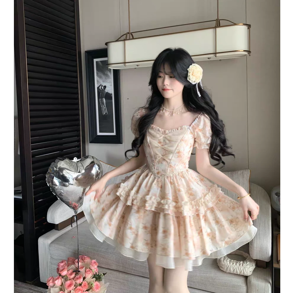 12062大码女装甜美清新碎花蝴蝶结木耳边公主蓬蓬裙连衣裙裙子