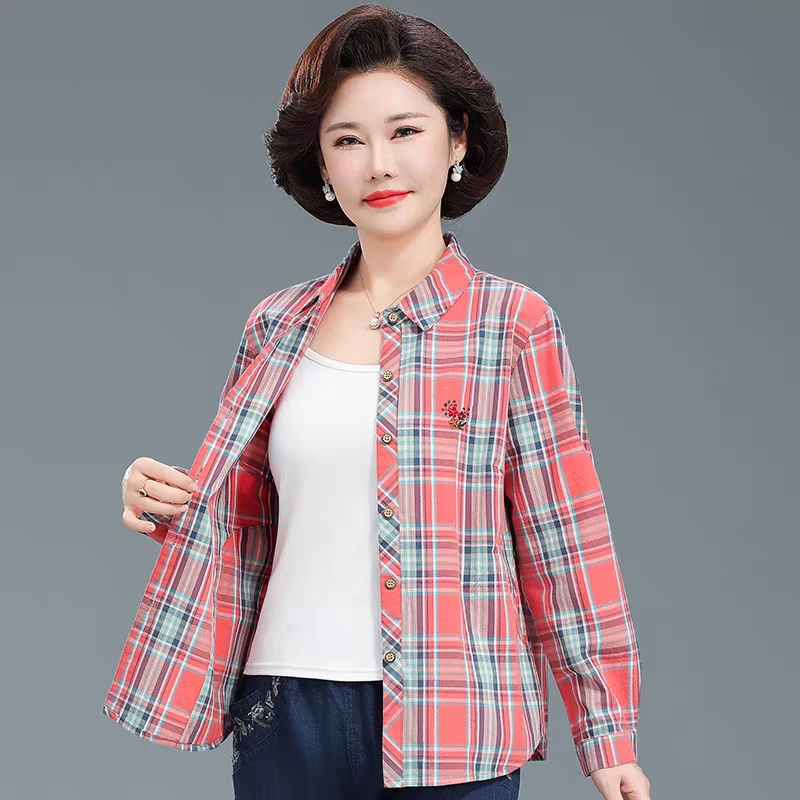 中老年女装纯棉格子衬衫妈妈长袖薄款上衣春秋宽松大码开衫上衣