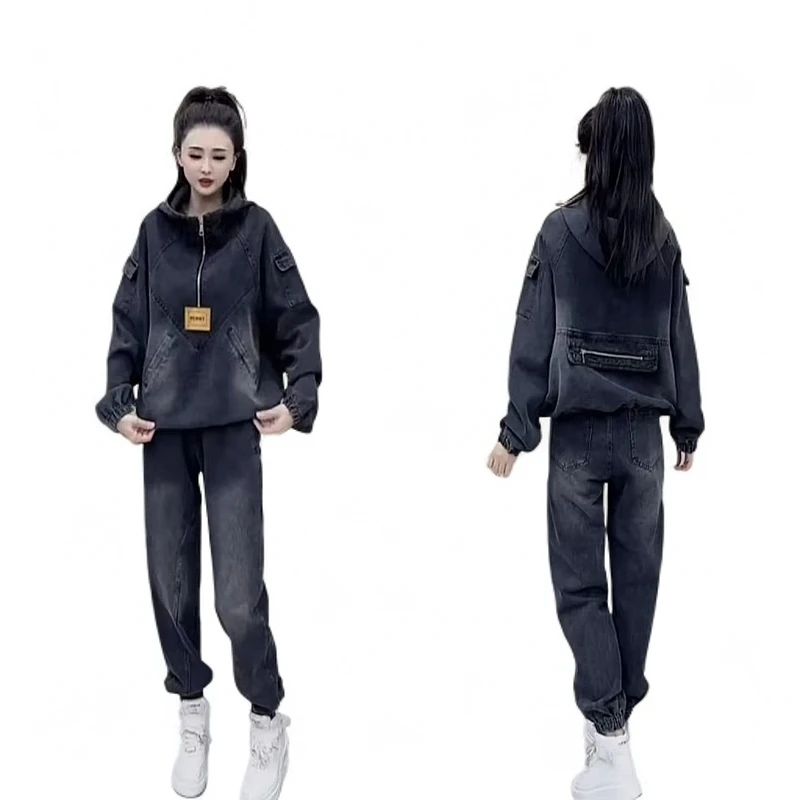 韩版2025春季新款连帽牛仔套装女宽松休闲时尚洋气两件套减龄显瘦
