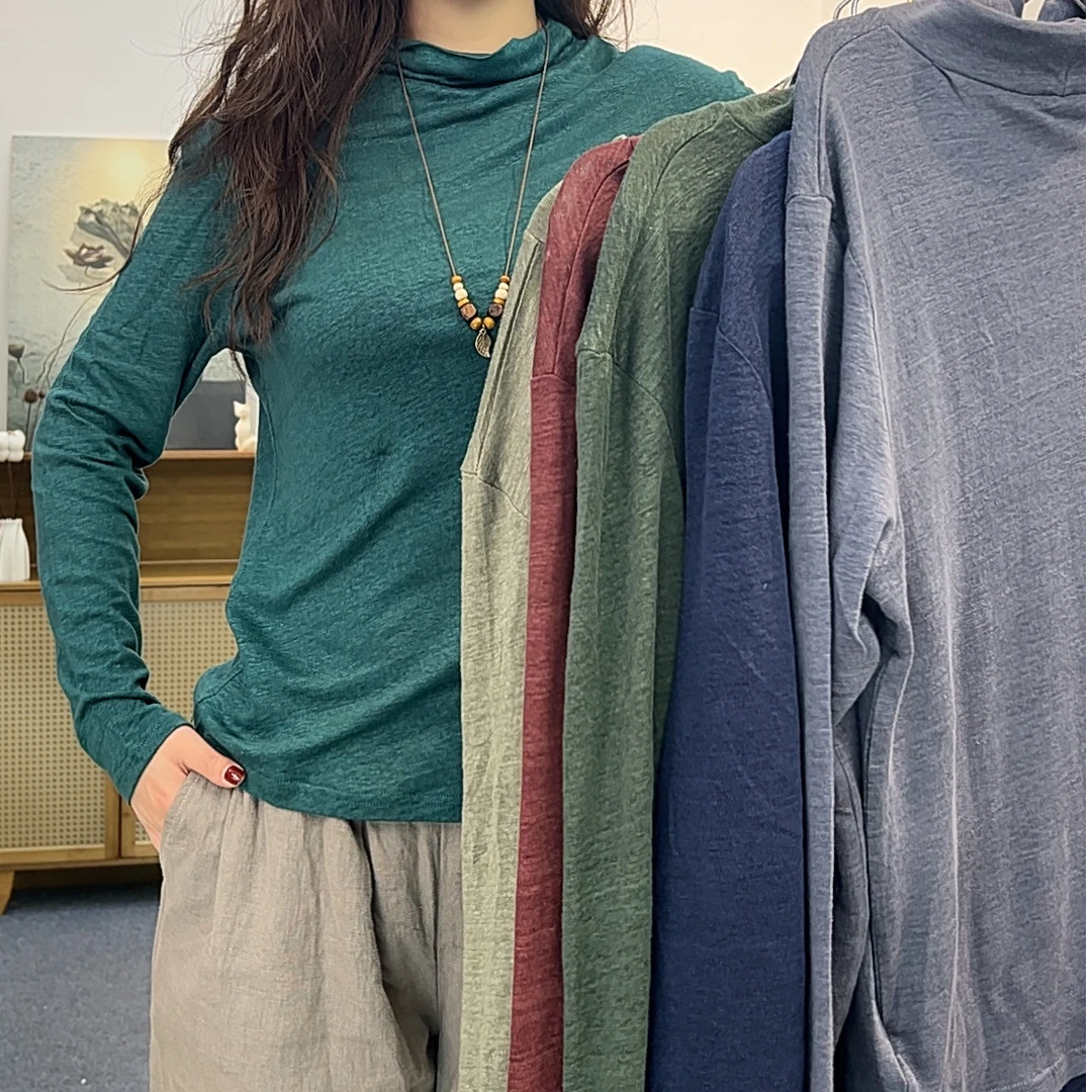 【麻中贵族】100%汉麻打底衫堆堆领褶皱女长袖宽松修身打底衫【1126】