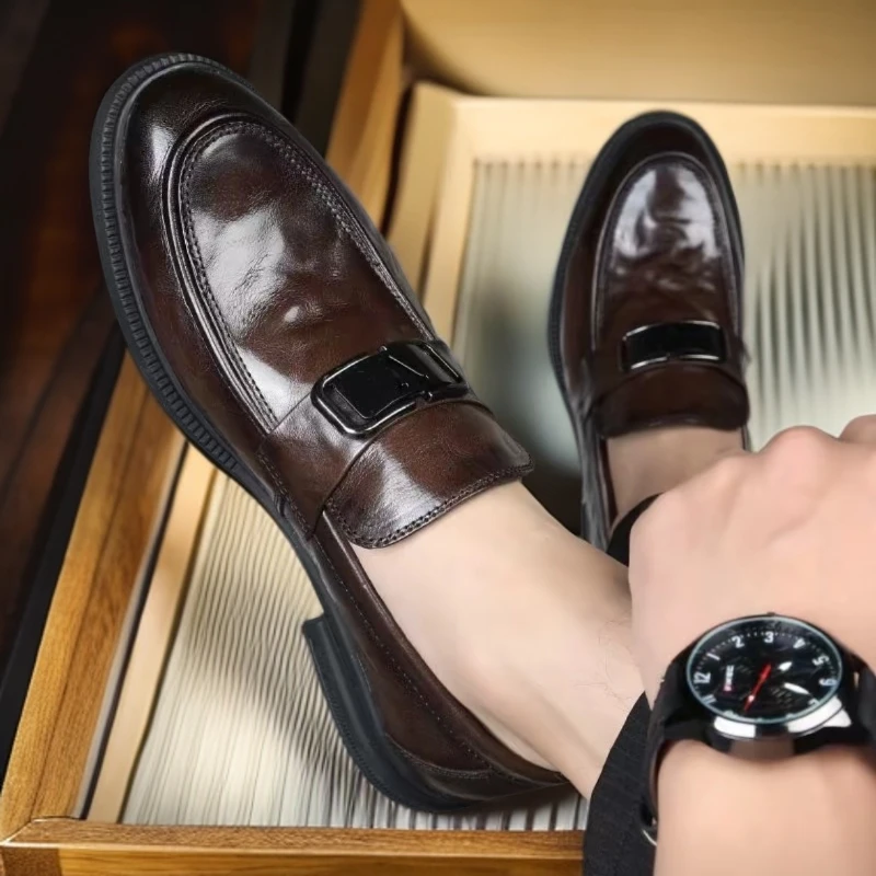 夏季胶粘防滑男士春秋低跟商务风潮流休闲皮鞋尖头英伦风真皮牛皮