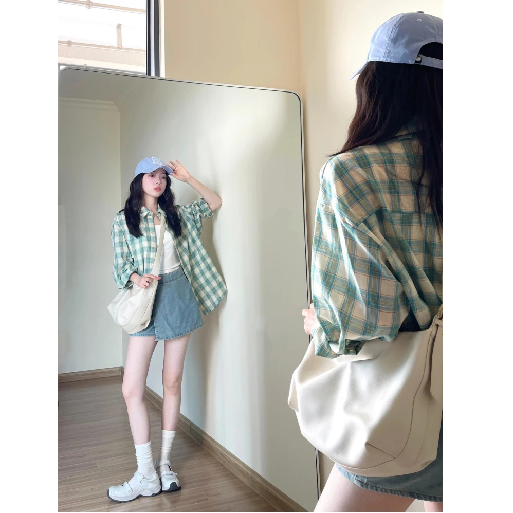 薄荷绿色格子外套衬衫女2025秋季设计感小众衬衣宽松长袖上衣时尚