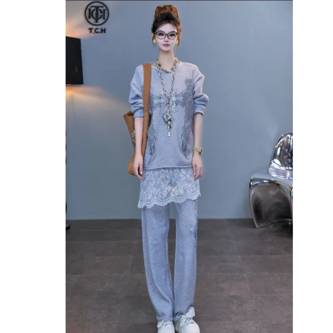 TCH私服秋款慵懒风烫钻时尚淑女灰色套装女T75C07E1070轻奢tch