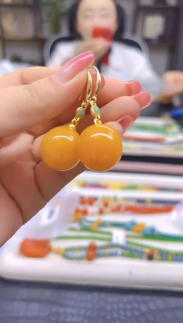 蜜蜡14K金镶嵌耳饰DIY款E893