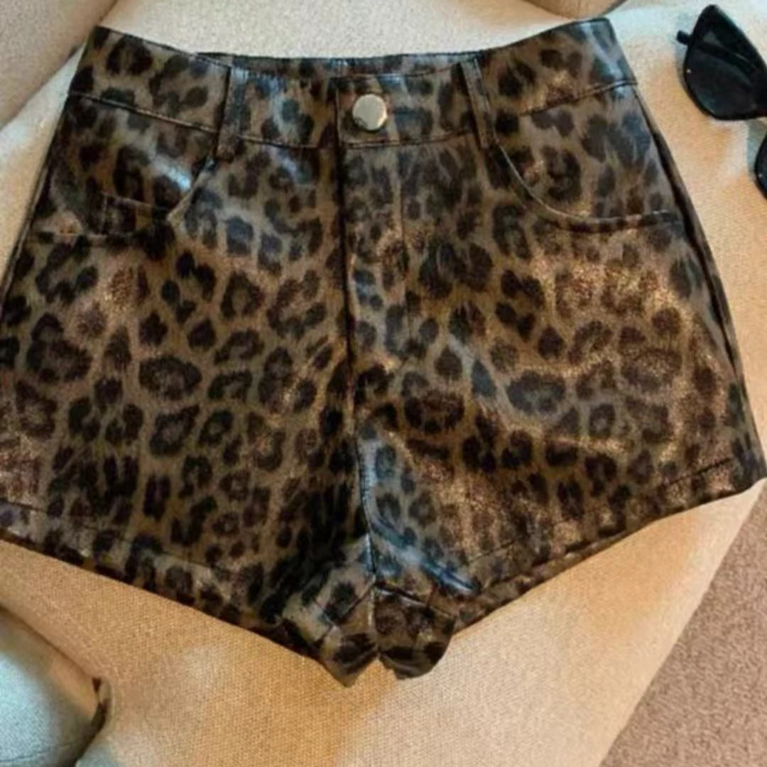 子艳  高腰皮豹纹短裤豹纹休闲短裤阔腿宽松