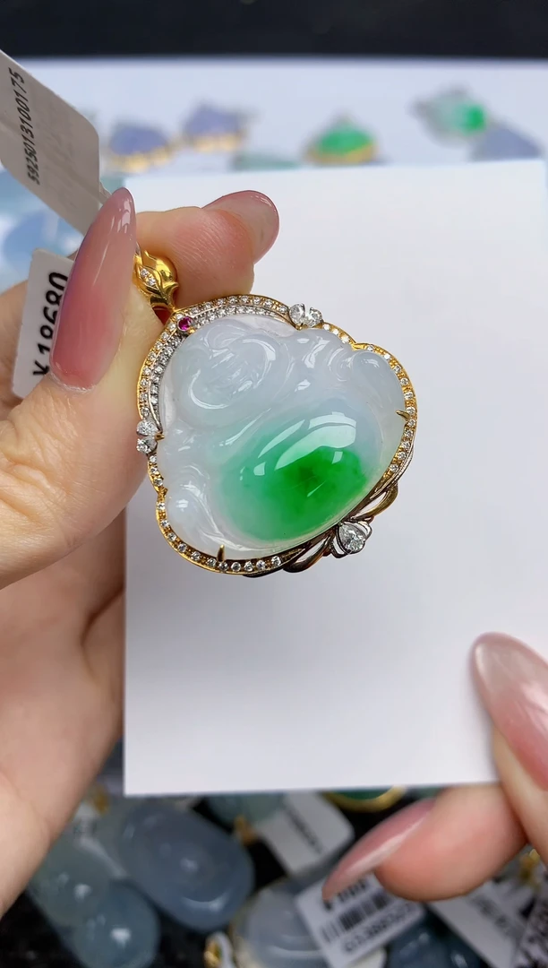 【闪购商品】翡翠挂件18K金镶嵌天然翡翠A货