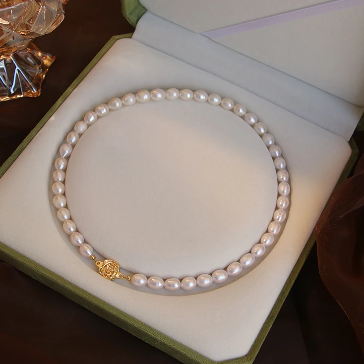 【玫瑰花磁吸扣】8mm天然淡水无核珍珠项链女气质复古妈妈链锁骨链