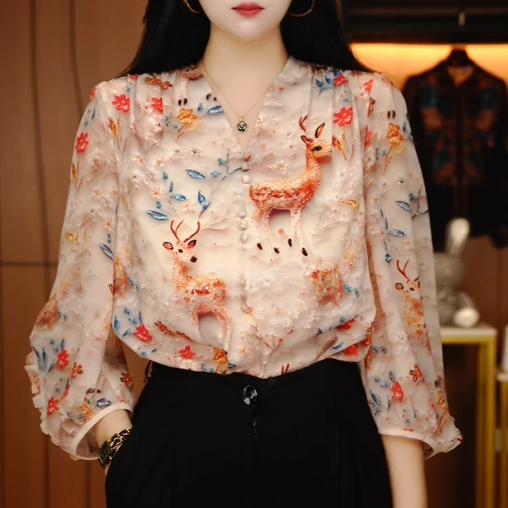 D250369- 新款琉璃双皱丝洋气时尚百搭休闲气质女士印花小衫显瘦