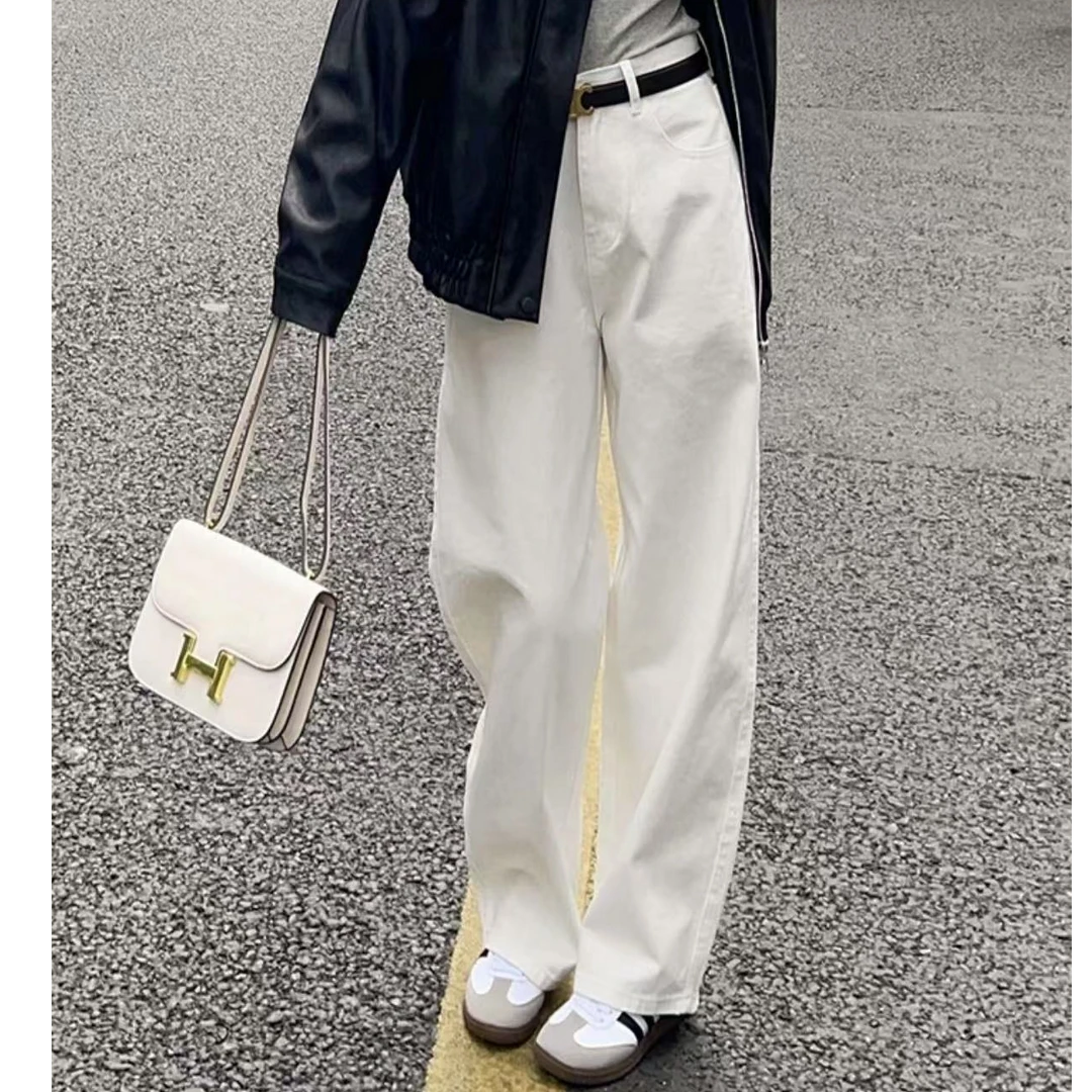 加绒白色阔腿牛仔裤女秋冬新款小个子高腰显瘦直筒百搭垂感拖地裤