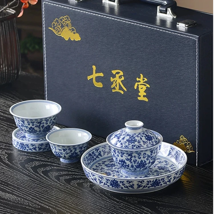 七丞堂青花瓷缠枝莲茶碗茶杯景德镇陶瓷家用中式功夫茶具