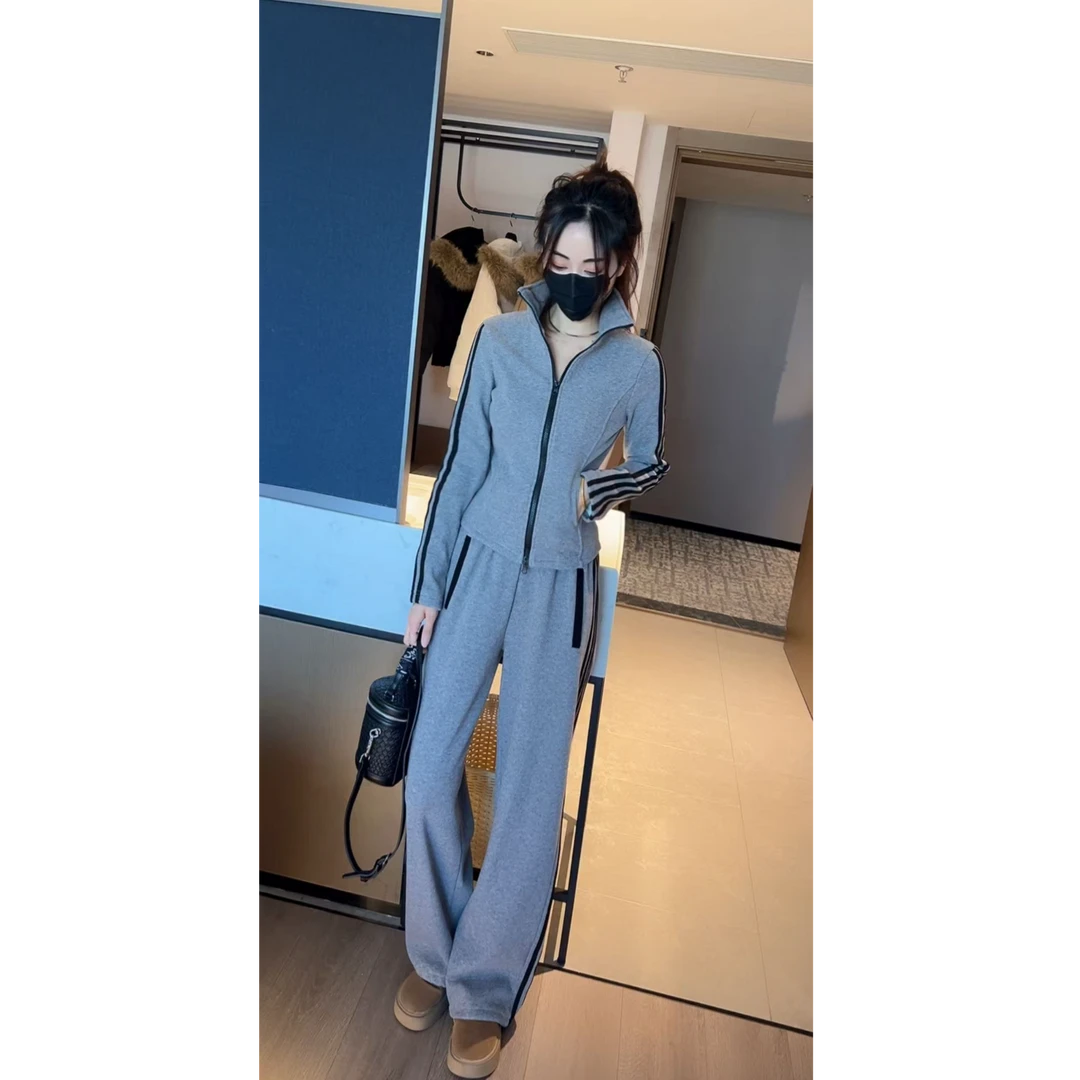 名媛风气质洋气撞色条纹拉链卫衣上衣女中长款显瘦阔腿裤长裤套装