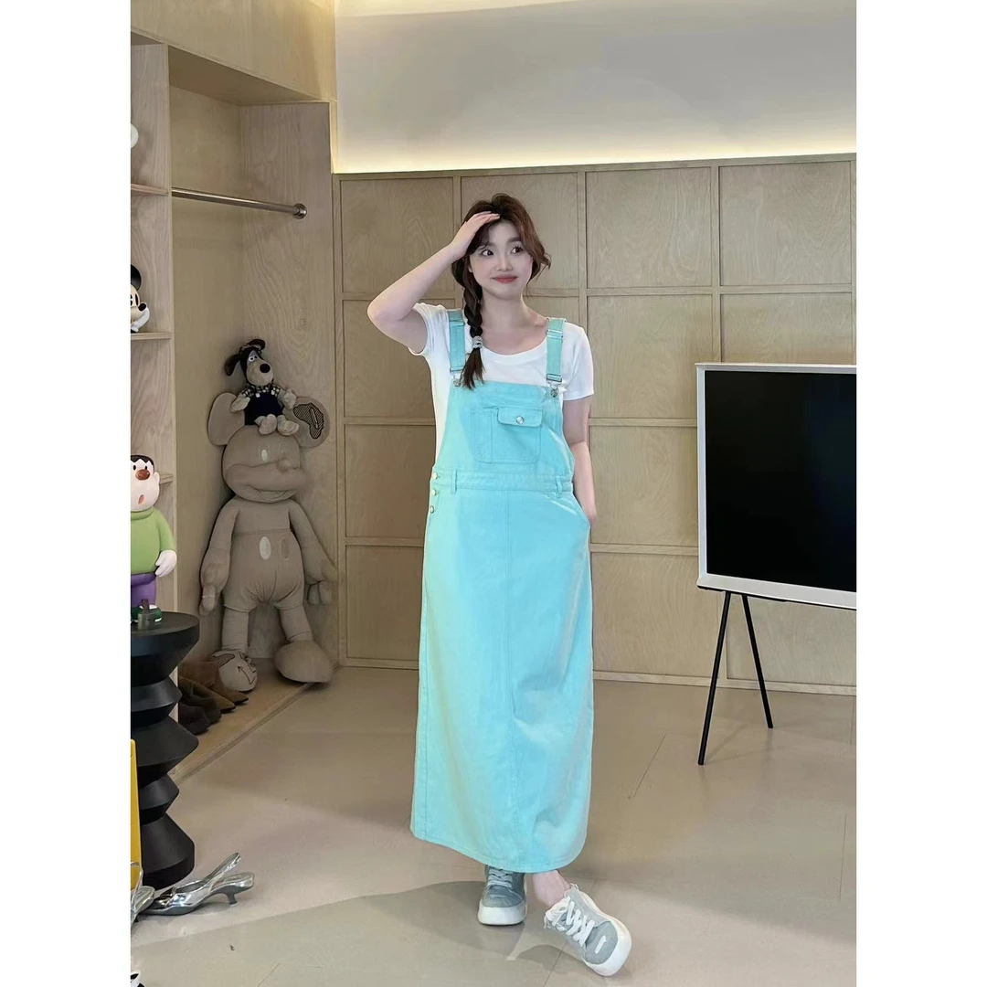 晶咕【元气薄荷】韩系减龄胸前口袋可调节长款显瘦背带连衣裙