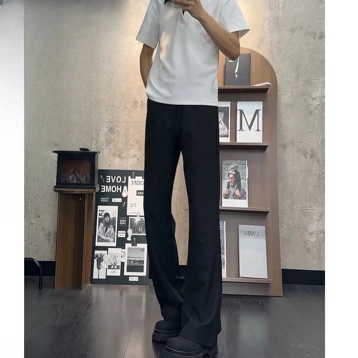 夏季黑色薄款微喇西裤男款潮美式cleanfit喇叭垂感休闲西装裤子男