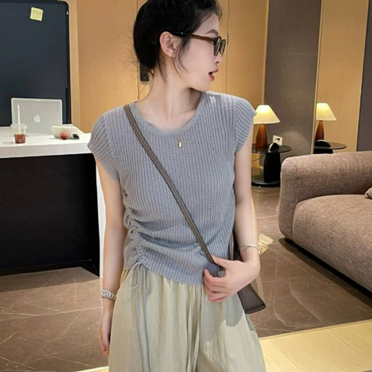 飞飞袖绝美冰丝短袖T恤针织衫上衣夏季灰色抽绳收腰显瘦正肩短款