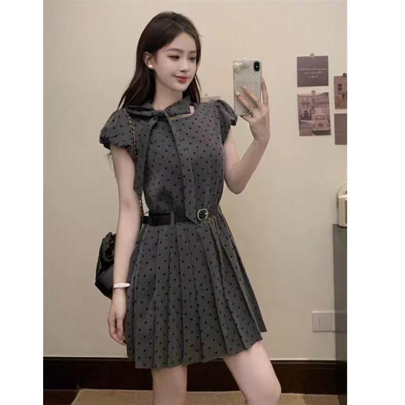 （80-200斤）高级感波点连衣裙夏季甜美百褶裙遮肚子显瘦短裙1840