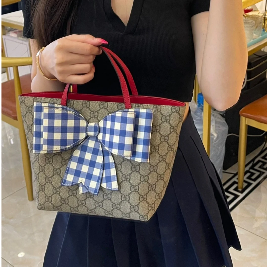 95新 GUCCI/古驰 小花Jerry 乌木色 PVC 银扣 儿童包 蝴蝶结