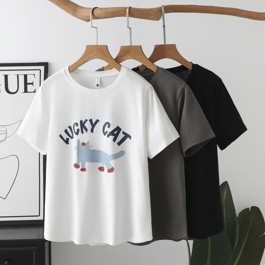 【猫咪字母印花】印花短袖微胖韩版夏季印花T恤透气运动t恤日系