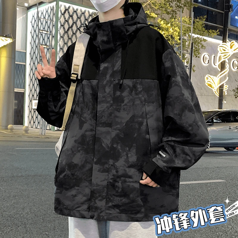 HE冲锋外套男士春秋季2024新款潮流宽松连帽休闲防水夹克衣服