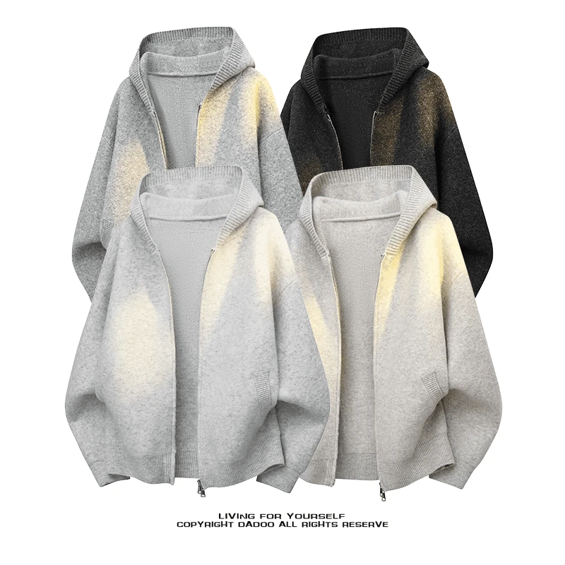 美式复古开衫毛衣男宽松连帽针织衫秋冬季老钱风休闲情侣线衣外套