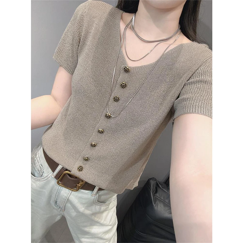 夏新款领纽扣冰丝针织开衫女短袖欧货气质修身百搭纯色上衣小衫