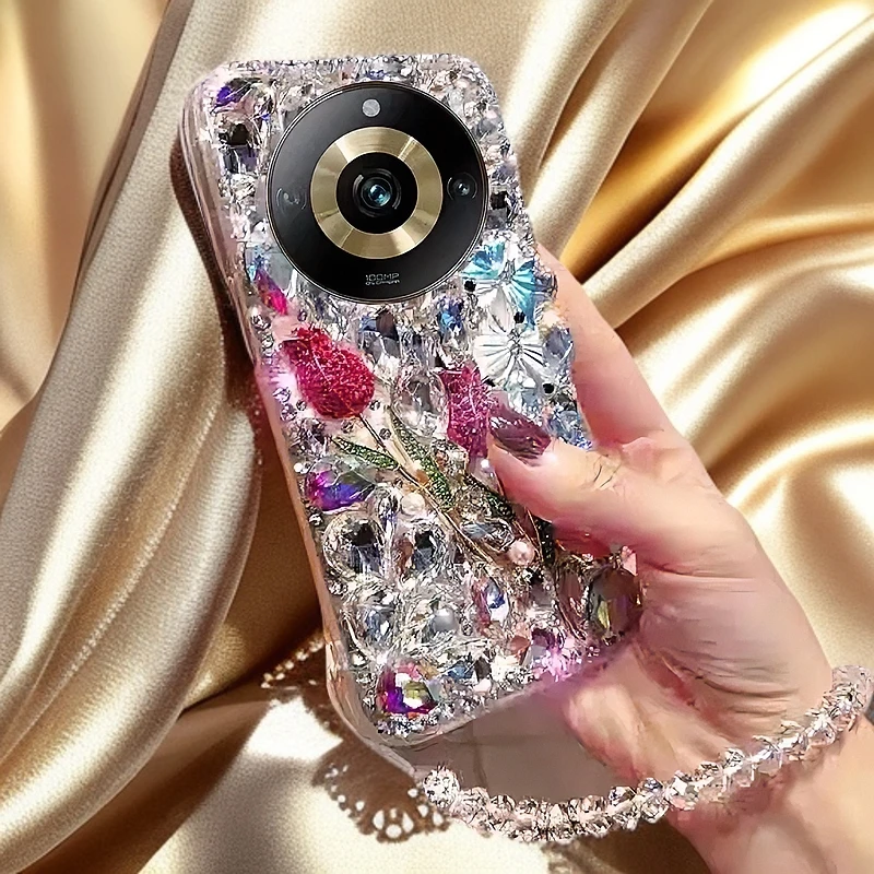 适用于真我11pro+手机壳高档满钻玫瑰蝴蝶结Realme11防摔壳网红女