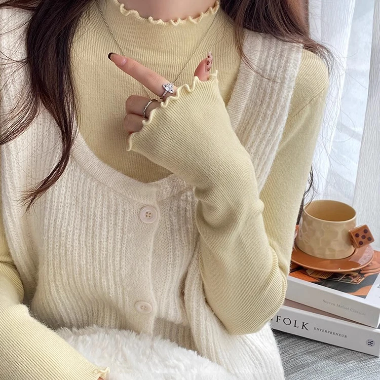 半高领针织打底衫女秋冬2025新款奶黄色毛衣高级感内搭木耳边上衣