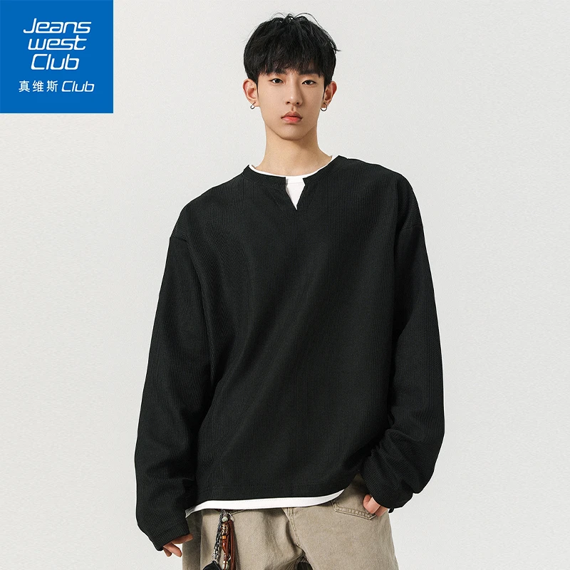 真维斯club秋季新款假两件v领T恤上衣男韩系简约休闲宽松百搭卫衣