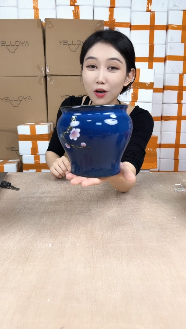 缸形深蓝花釉勾花13x13