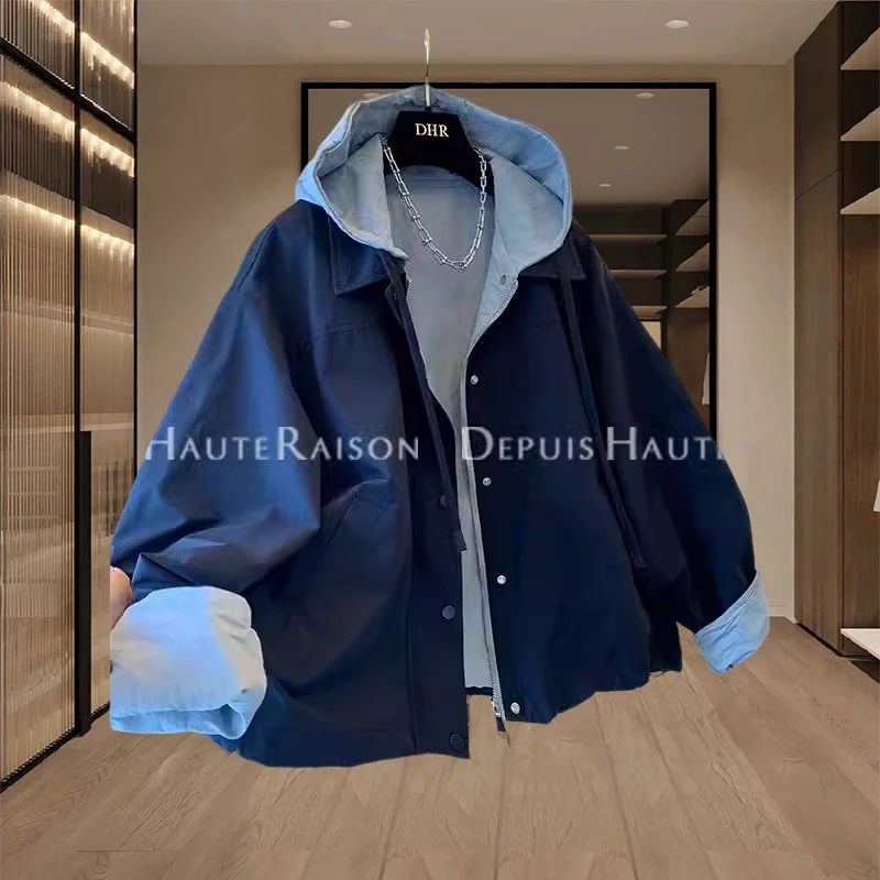 假两件撞色外套女款2025新款春秋季短款休闲宽松显瘦连帽洋气风衣