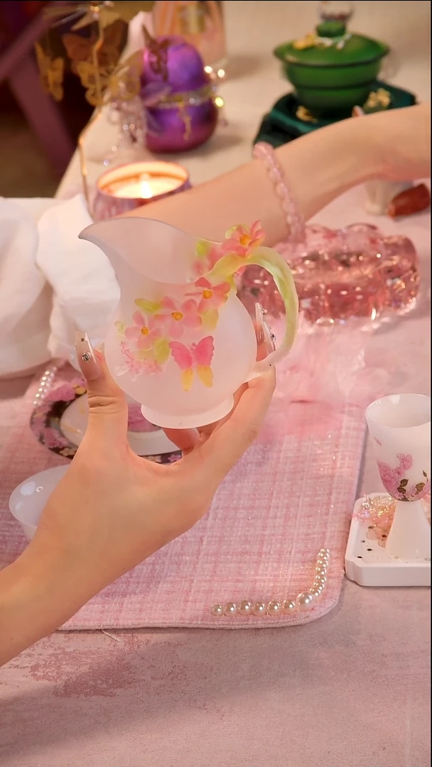 琉璃卡普拉蝶舞公道杯粉绿色手工茶道茶具公道杯茶具