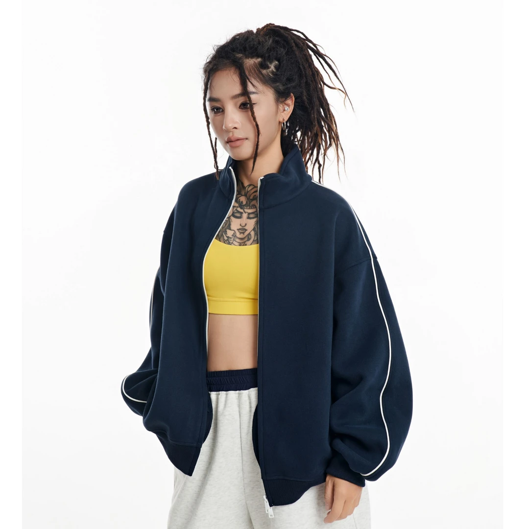 HSNH秋季400g线条拼色开衫卫衣纯色百搭秋冬长袖宽松休闲情侣外套