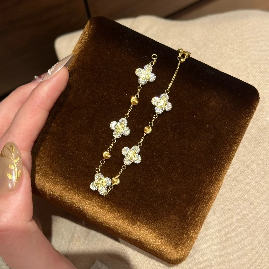 925银手链 四叶知秋叠戴冷淡风几何法式女女生极光淡水原创设计